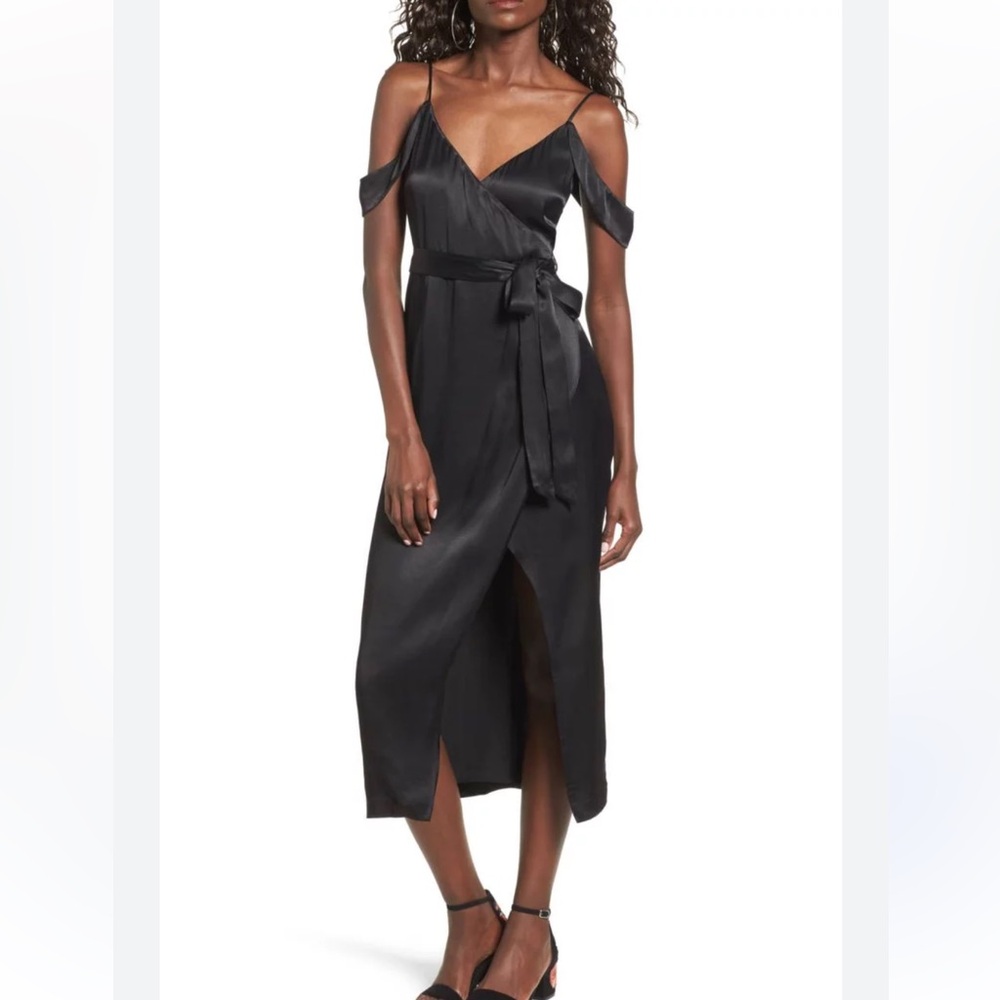 Bardot Leah Black Satin Off The Shoulder Tie Waist Midi Wrap Dress 8